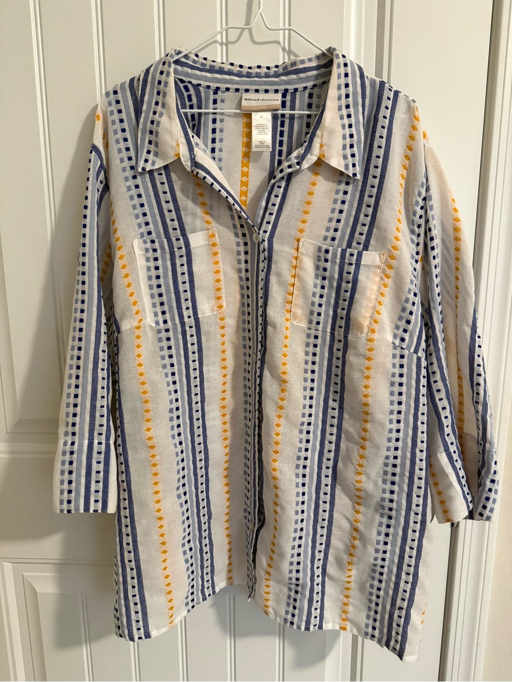 Alfred Dunner White Shirt with Navy & Yellow Stripe Accents